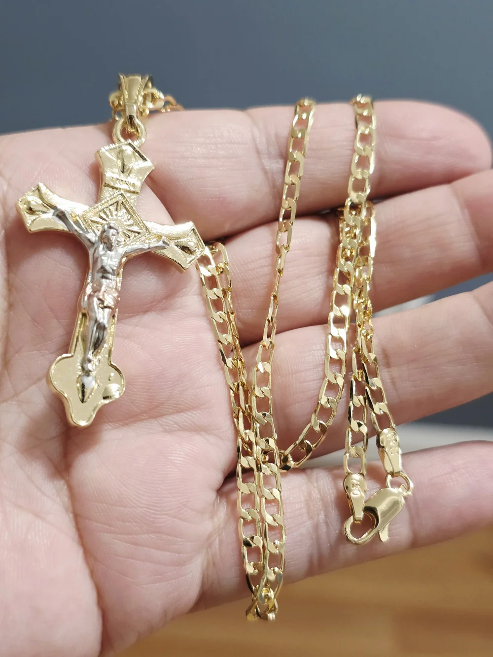 Two-Tone Gold Crucifix Pendant Necklace for Men - Gold and Silver Accent